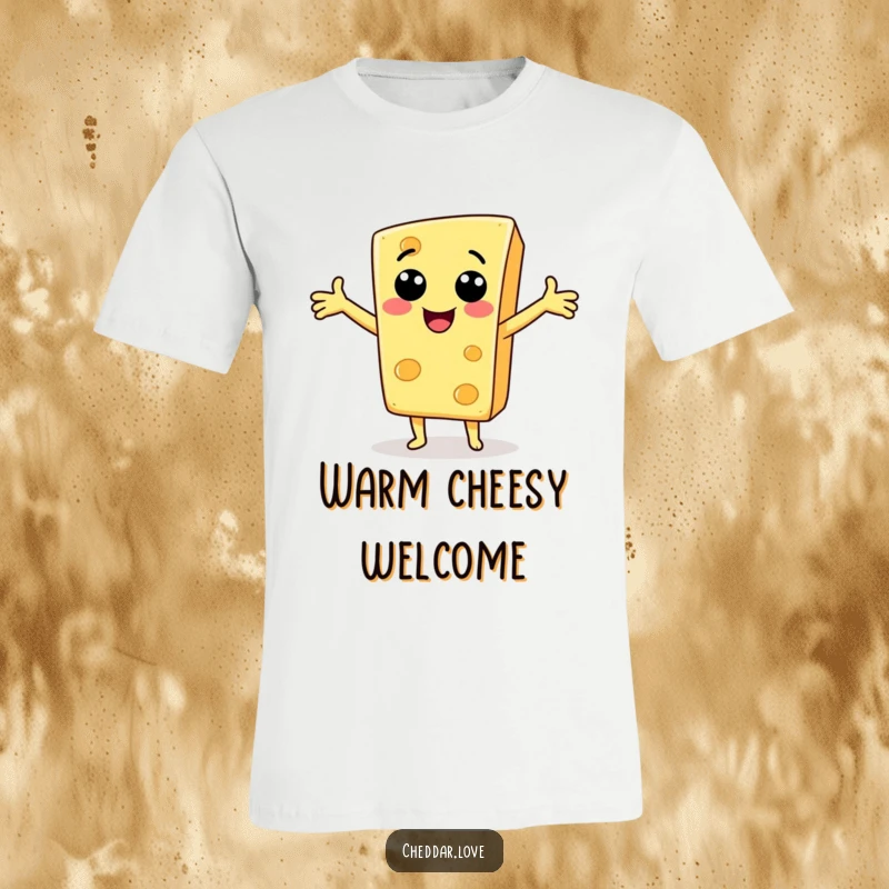 Funny T-Shirt: A cheerful cheese slice with outstretched arms, embodying a friendly and inviting welcome.