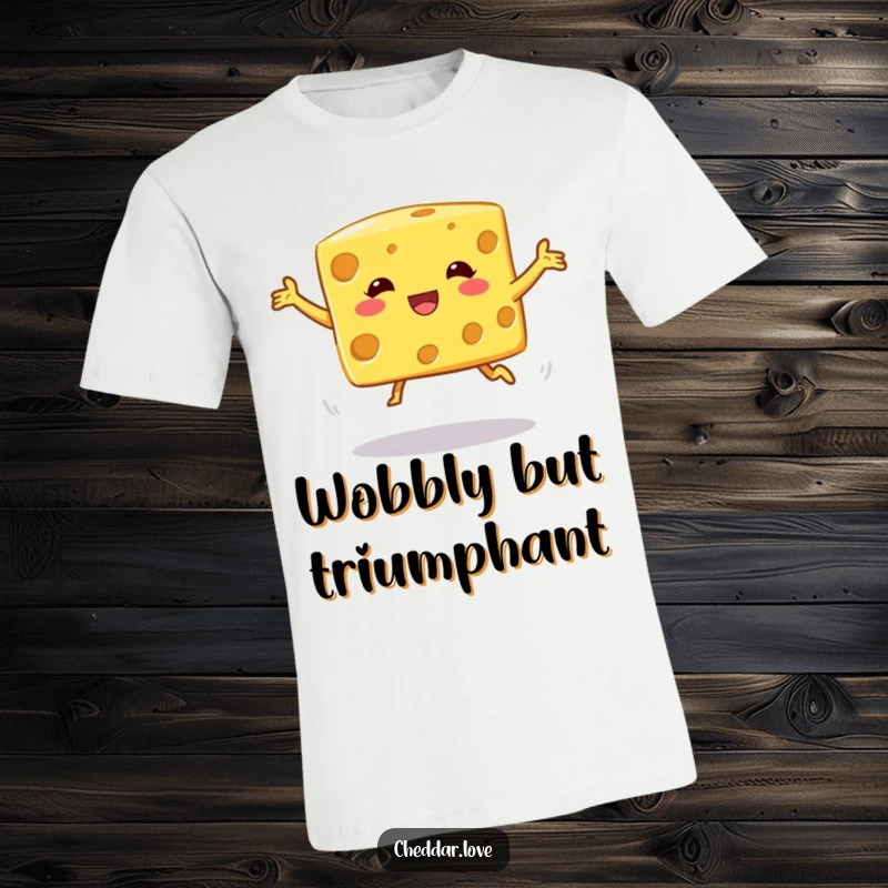 Funny T-Shirt: A cheese cube mid-jump, depicted with exaggerated wobbles and a silly, determined expression.