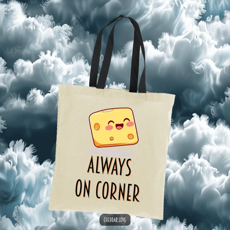 Funny cheese block joyfully balancing on its corner, depicted on a tote bag, for carrying essentials with humor.