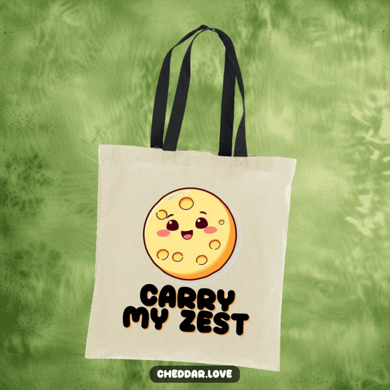 Funny tote bag with a round cheese slice character joyfully bouncing, a delightful and practical item for carrying goods with humor.