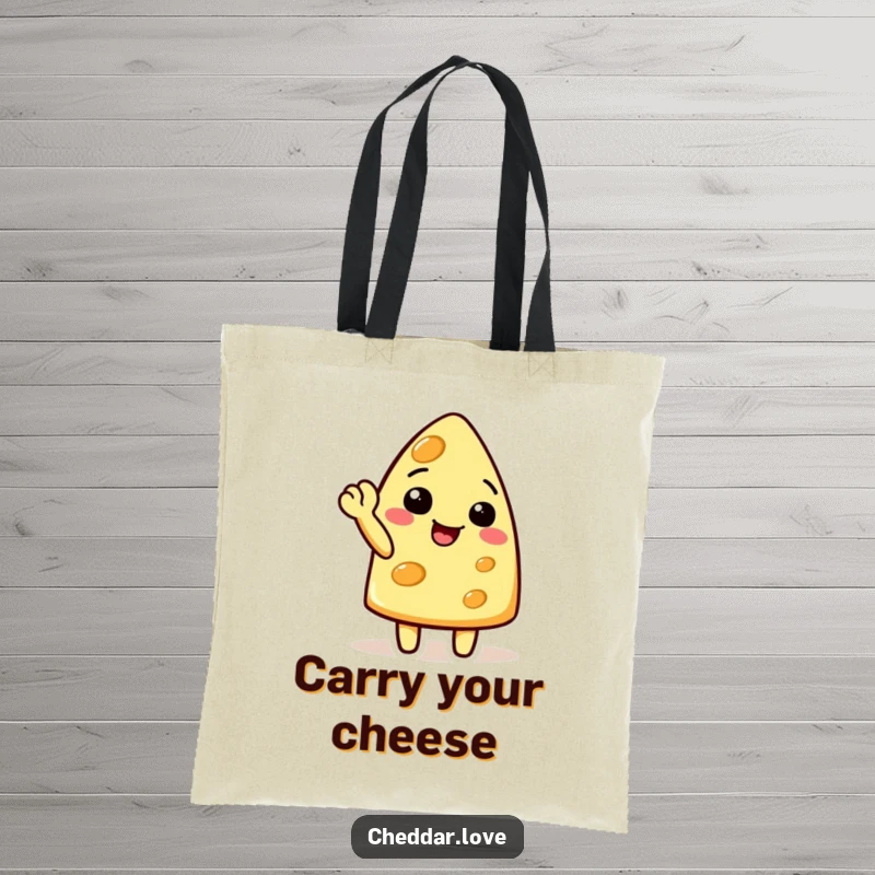 Funny cheese character doing a cheerful wave with a raised corner on a charming cheese tote bag, perfect for gifting.