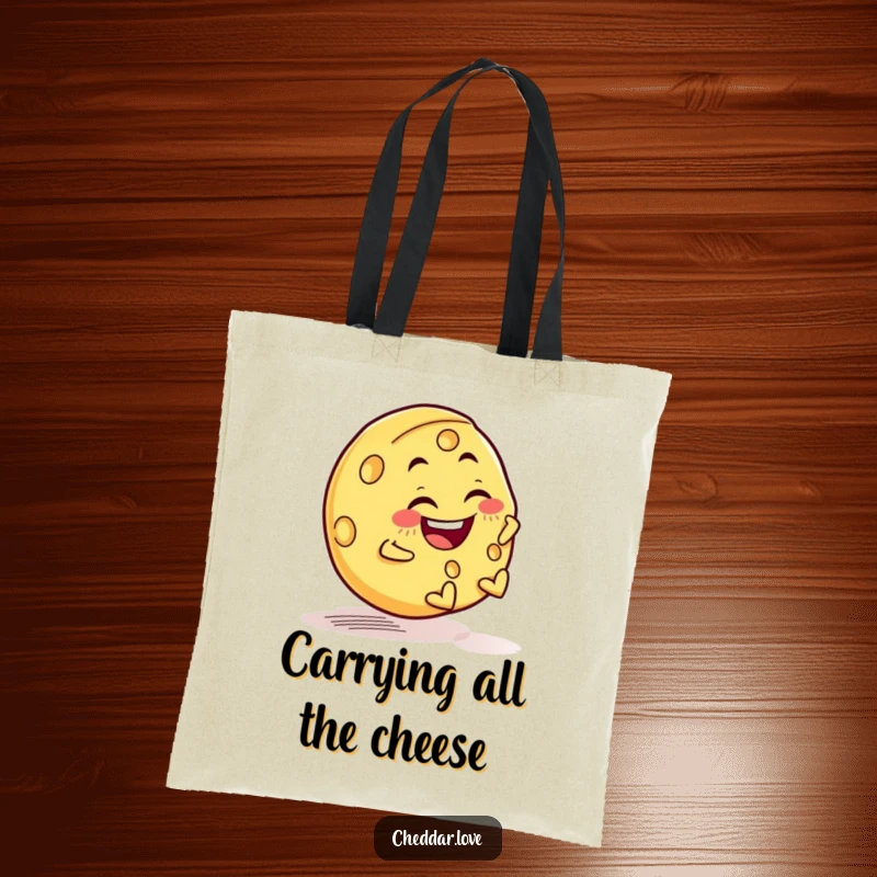 Funny tote bag showing a joyful cheese wheel rolling downhill with a mischievous grin, ready for errands.
