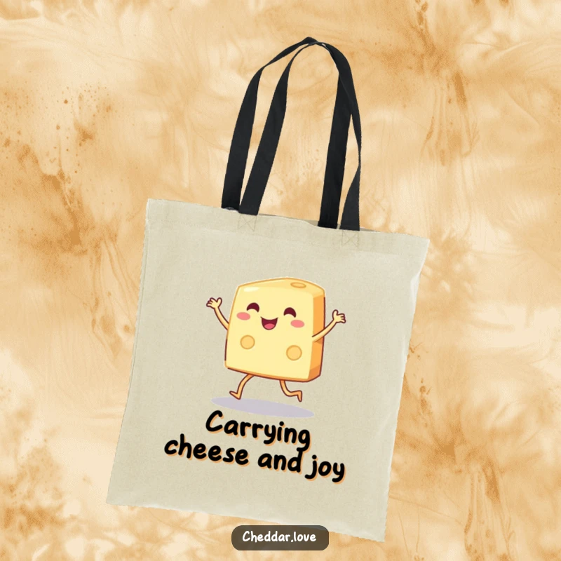 Funny wedge of cheese with tiny legs dancing joyfully on a stylish tote bag, funny gift.