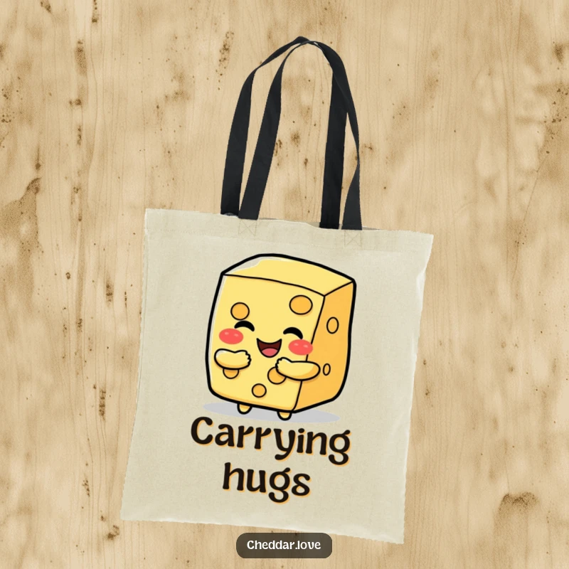 Funny happy cheese slice character giving a cheesy hug, a durable and humorous tote bag.