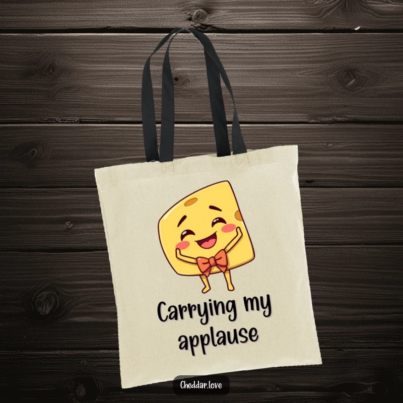 Funny Cheddar Cheese Tote Bag: A grinning cheddar cheese wedge taking a theatrical bow, designed for carrying essentials with flair.