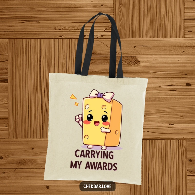 Funny Tote Bag: A proud block of cheese takes a bow after a trick, showcasing accomplishment and dairy charm.