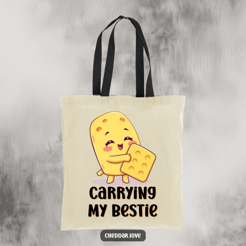 Funny Tote Bag depicting a cheese character giving a big, warm hug to a cracker, symbolizing affection.