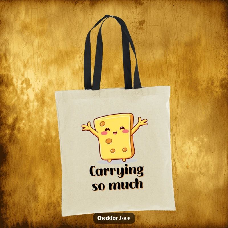 Funny cheese hug tote bag, a slice of cheese with outstretched arms, ready for a hug, ideal for shopping and spreading love.