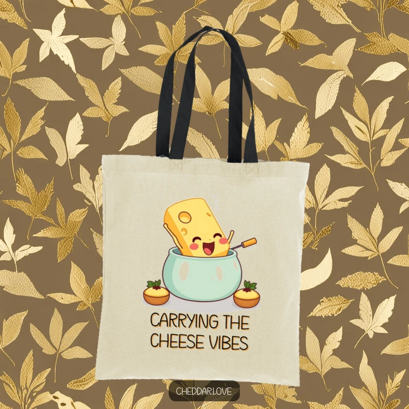 Funny tote bag showcasing a happy cheese slice making a daring leap into a fondue pot, ideal for groceries.