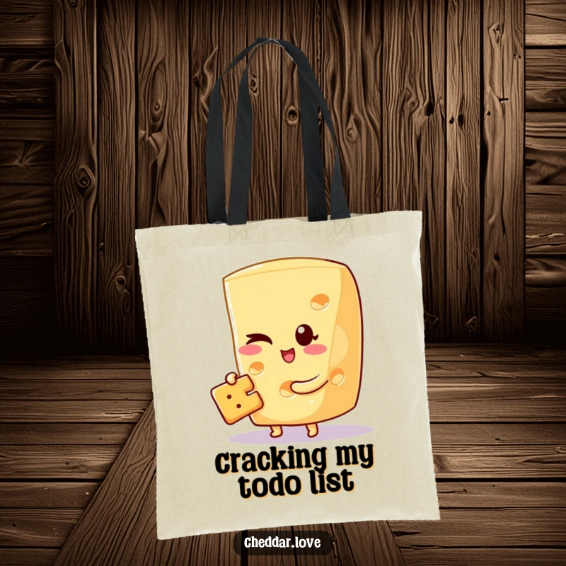 Funny tote bag with a winking cheese wedge holding a cracker, ideal for carrying groceries with cheesy style.