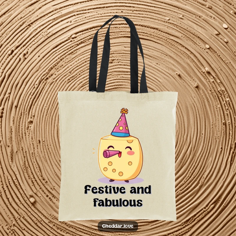 Funny tote bag with a cheese wheel in a party hat, blowing a noisemaker. A festive funny gift.