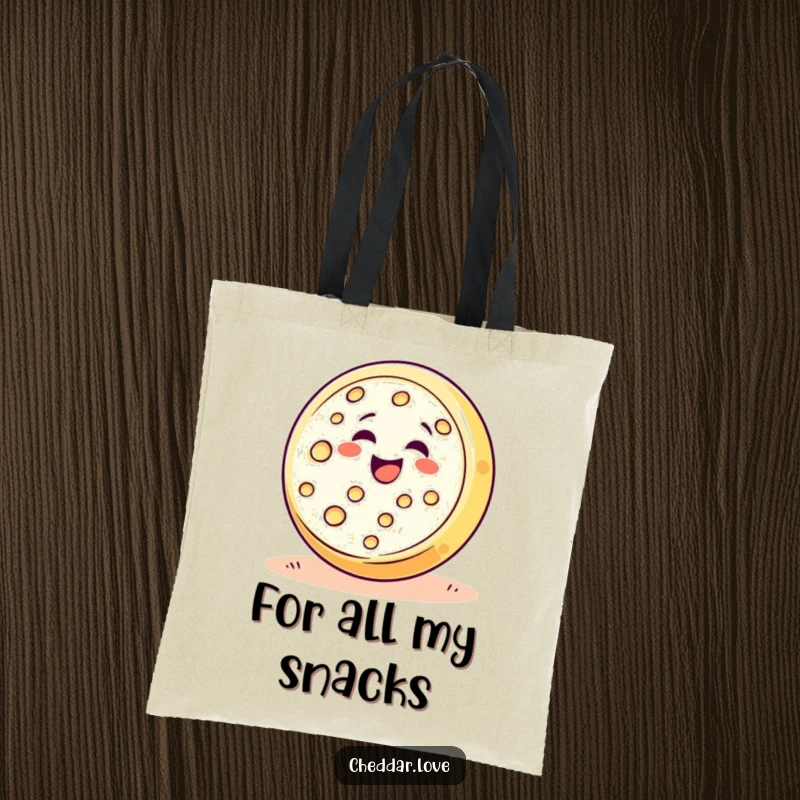 Funny happy cheese wheel rolling downhill with pure delight, a humorous and practical tote bag for foodies.