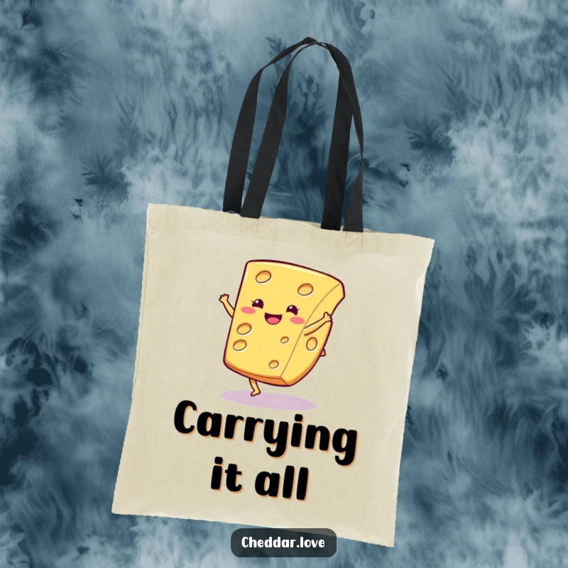 Funny cheese tote bag, depicting a happy cheese slice in mid-cartwheel, ready to carry your daily items.