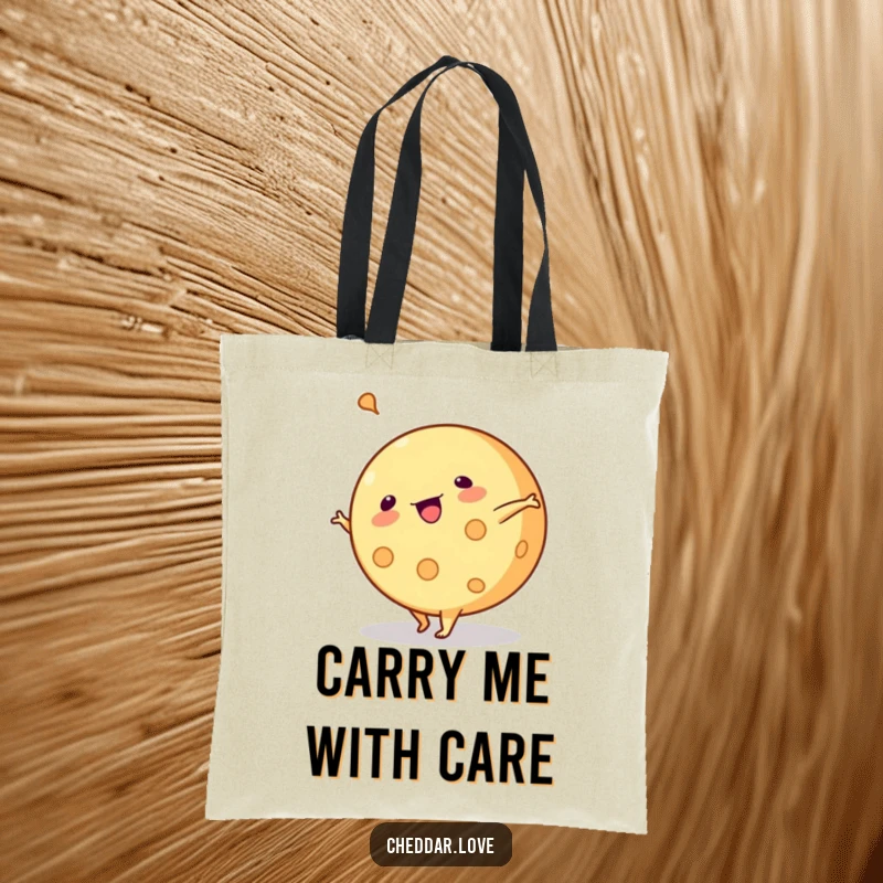 Funny tote bag: A round of cheese performs a cartwheel, a humorous and practical accessory for daily use.