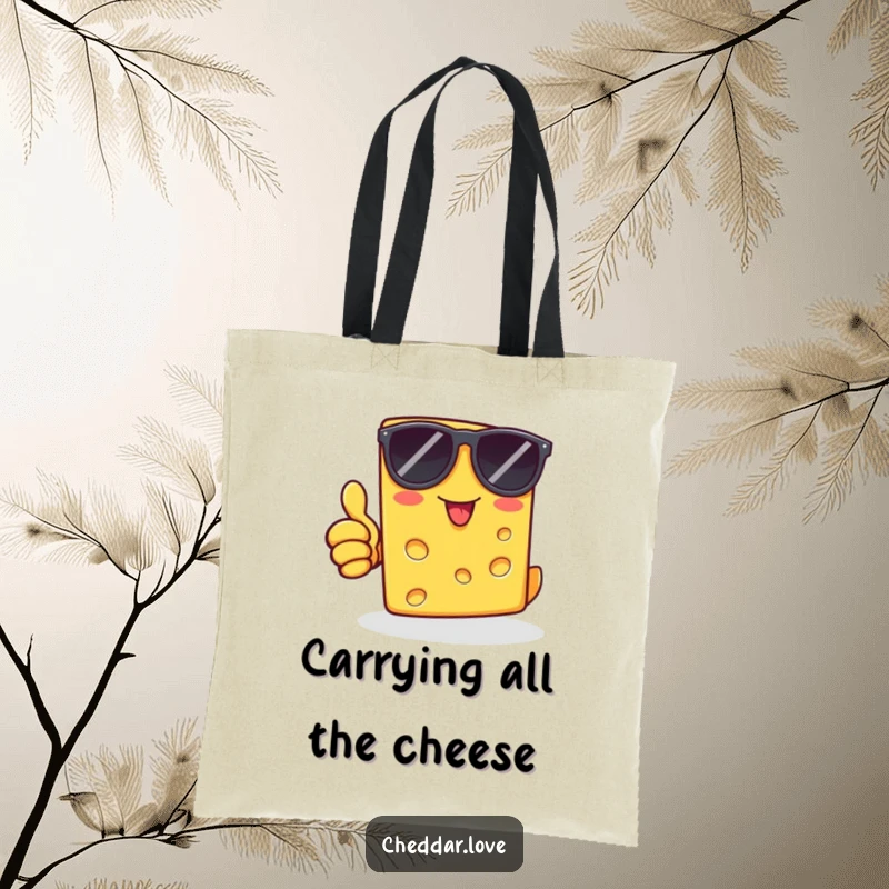 Funny cheddar cheese slice in sunglasses, giving a thumbs-up, on a tote bag, perfect for humorous shopping trips.