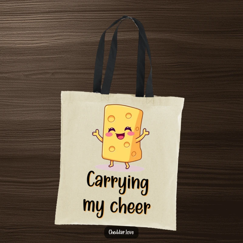 Funny tote bag featuring a smiling wedge of cheddar cheese doing a joyful little dance, great for everyday use.