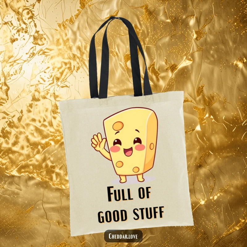 Funny cheese character cheering with a raised hand, depicted on a tote bag, a perfect funny gift.