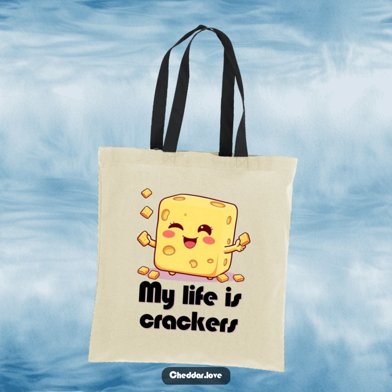 Funny tote bag with a winking cheese cube juggling crackers, designed for carrying groceries with a playful touch.
