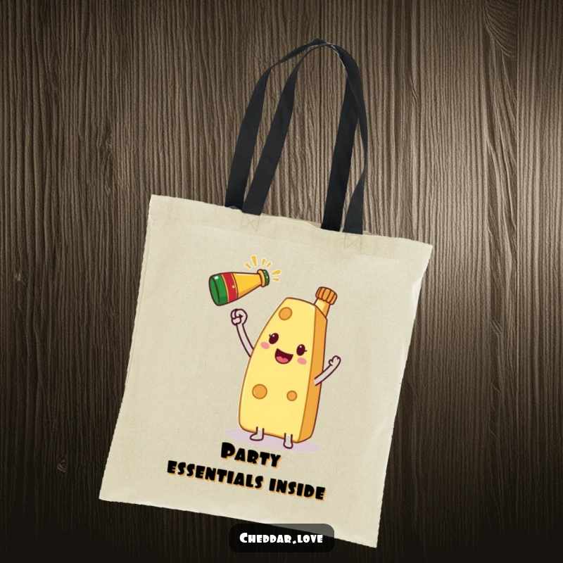 Funny Tote Bag showcasing a slice of cheese raising a champagne bottle, ready for any celebration.