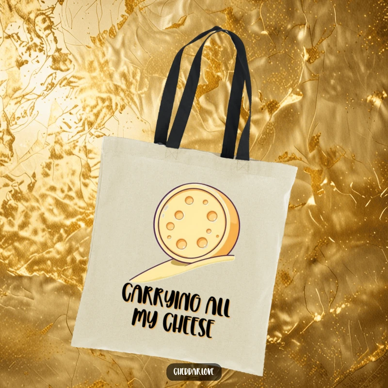 Funny tote bag depicting a happy cheese wheel on its journey downhill, symbolizing carefree movement and cheesy delight.