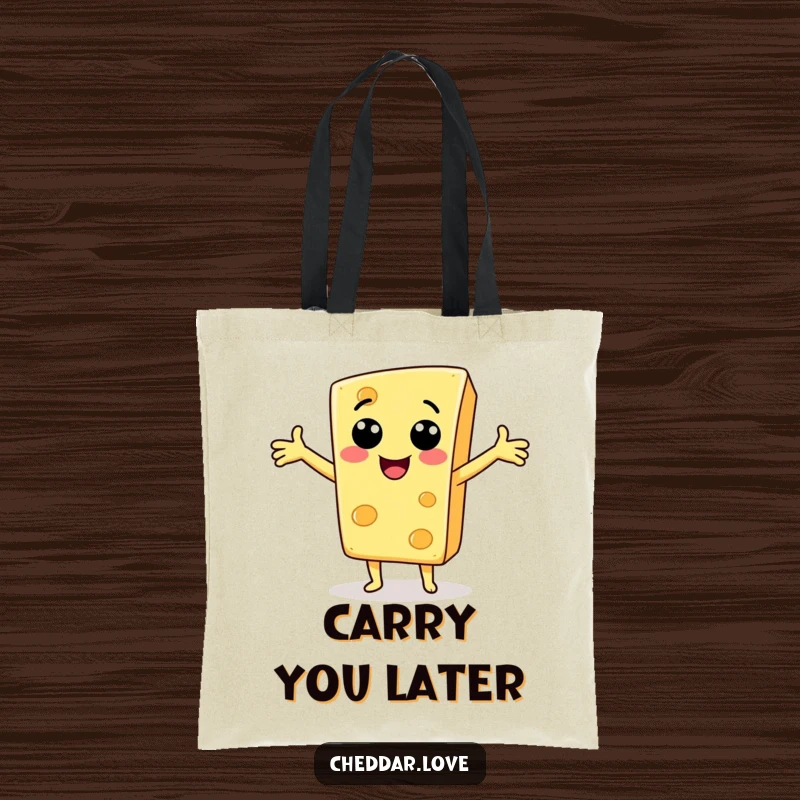 Funny Tote Bag: A smiling cheese slice with arms outstretched, ready to offer a friendly and humorous greeting.