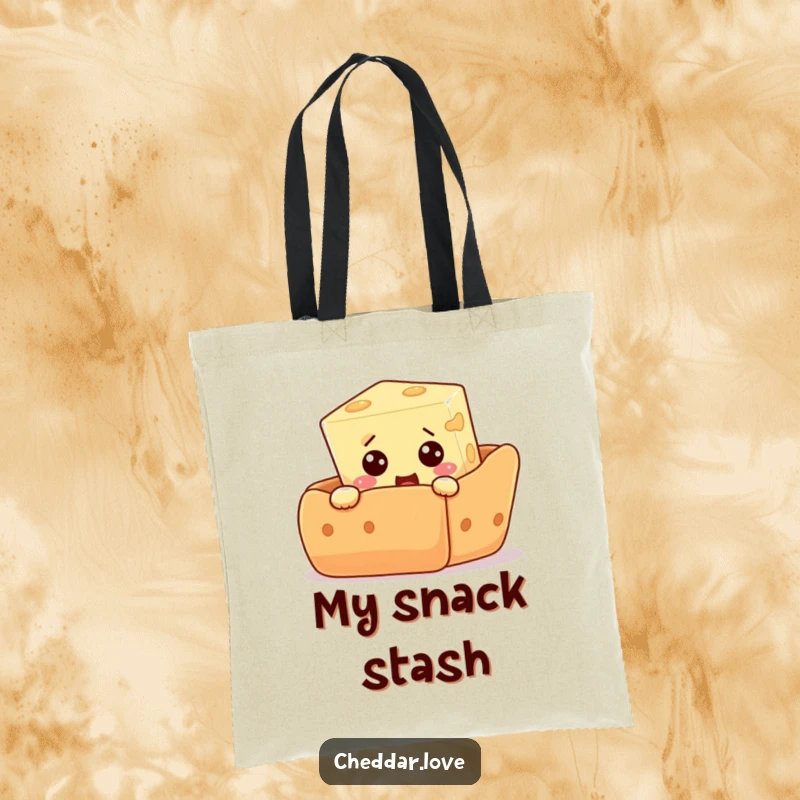 Funny tote bag featuring a curious cheese cube peeking from behind a giant cracker, expressing comical surprise and a love for snacks.