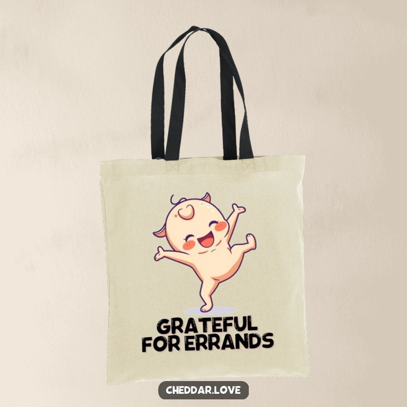 Funny tote bag with a cheerful cheese character performing a cartwheel, great for shopping and daily use.