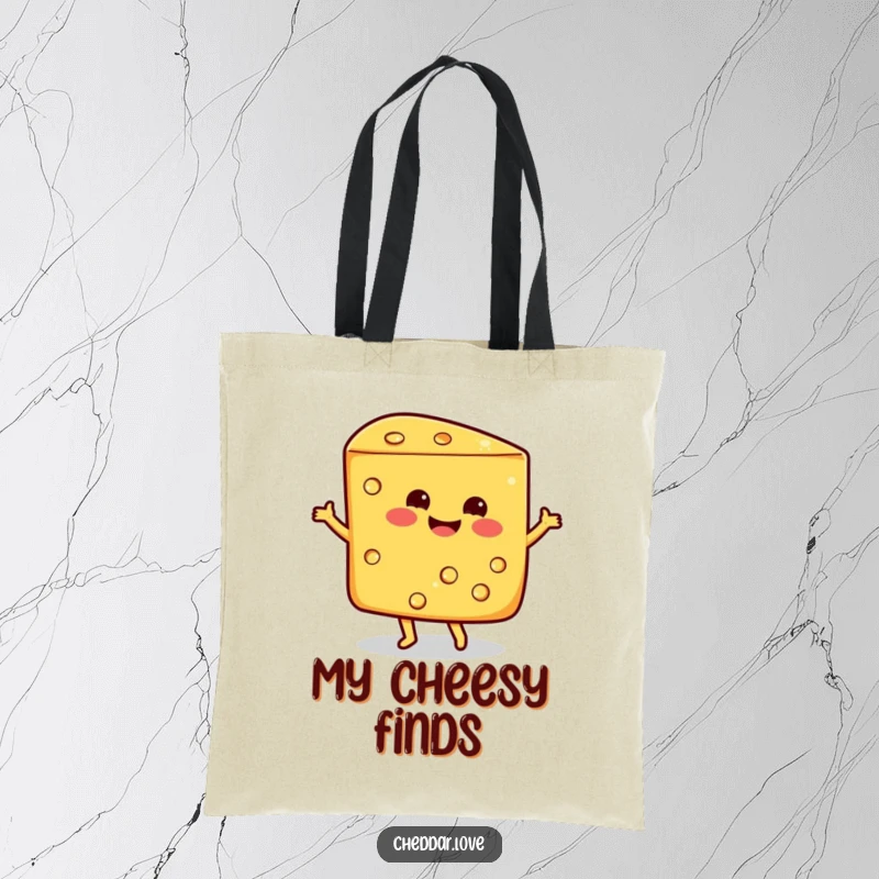 Funny smiling wedge of cheddar cheese doing a happy dance, a humorous and practical tote bag for everyday use.