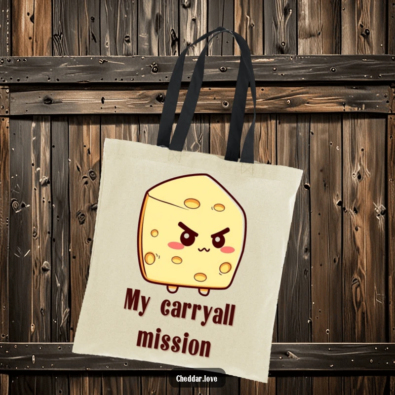Funny tote bag with a determined cheese wedge, symbolizing focus and action. A perfect funny gift for busy bees.