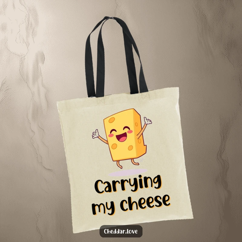 Funny grinning cheddar cheese slice dancing triumphantly, a durable and humorous tote bag.