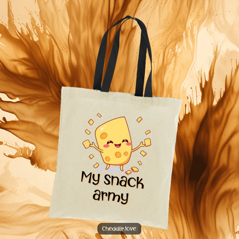 Funny tote bag showcasing a cheerful cheese character juggling crackers, ideal for carrying essentials with a playful vibe.