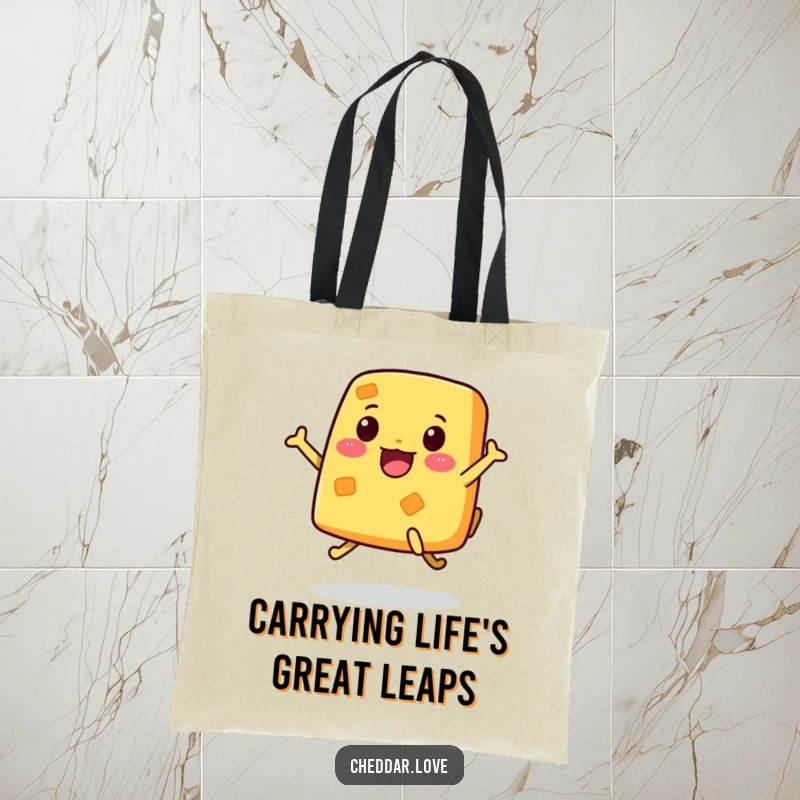 Funny Tote Bag depicting an excited, two-legged piece of cheese energetically jumping, perfect for errands.