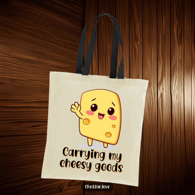 Funny tote bag: A wedge of cheese waves enthusiastically, a humorous and practical accessory for daily use.