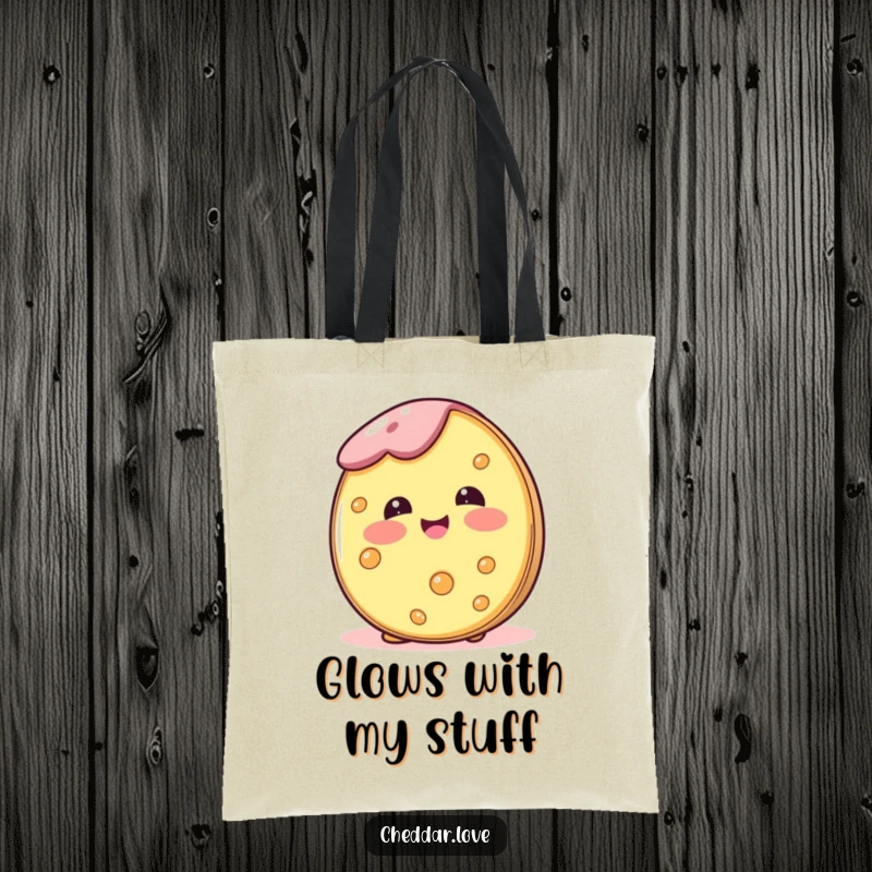 Funny tote bag with a blushing cheese wheel, great for shopping and carrying daily essentials with happy vibes.