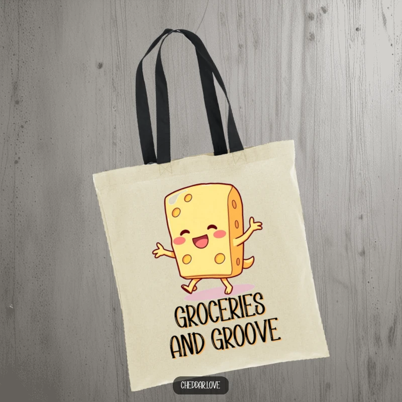 Funny tote bag featuring a smiling cheese slice doing a silly dance, great for everyday errands.
