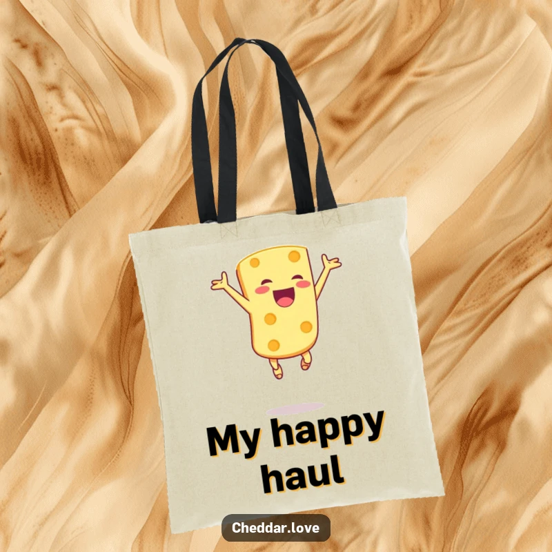 Funny tote bag featuring a joyful cheese chunk leaping in the air with pure excitement, perfect for carrying goodies and smiles.