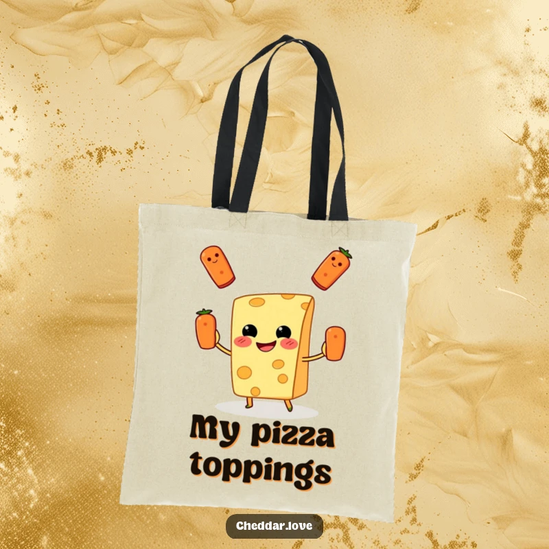 Funny Tote Bag: A grinning cheese slice joyfully juggles pepperoni, showcasing a love for food and fun.