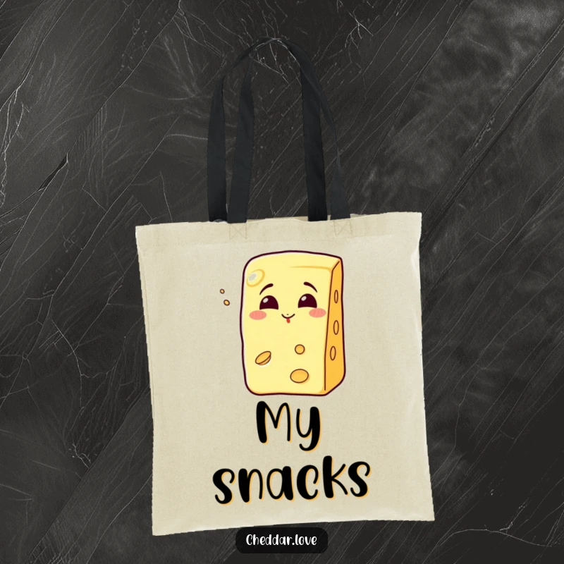 Funny grinning cheese wedge blowing a kiss, printed on a stylish and funny tote bag.