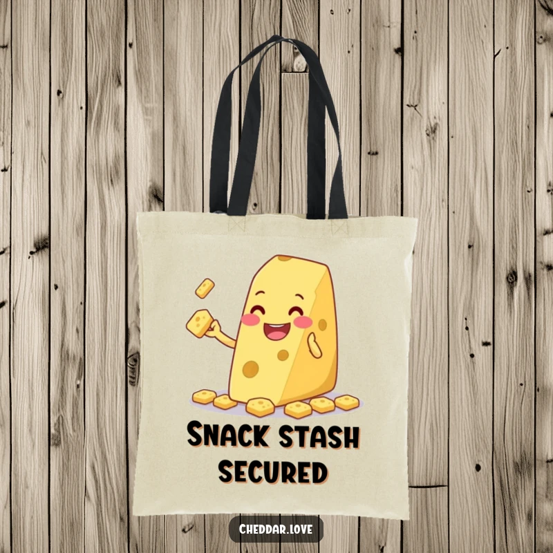 Funny cheese wedge grinning and juggling tiny crackers, on a tote bag, for carrying items with playful humor.