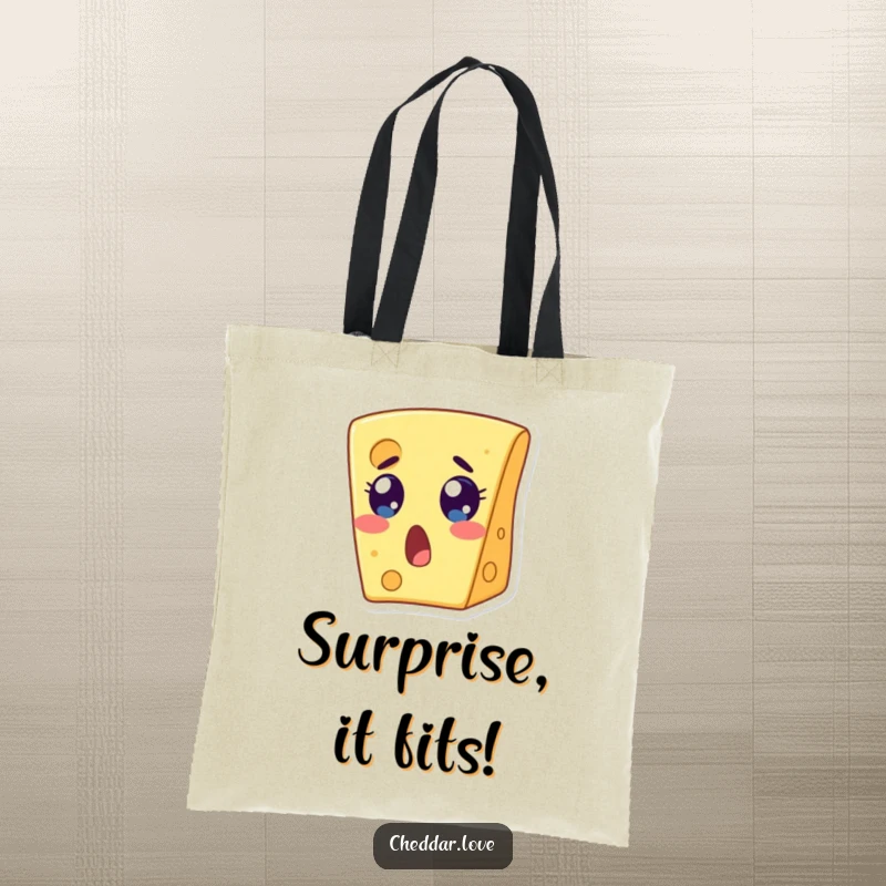 Funny tote bag with a wide-eyed, open-mouthed cheese slice in a state of shock. A perfect funny gift.
